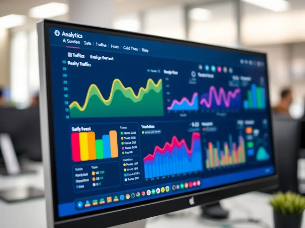 An image showing a website analytics dashboard with user engagement metrics and SEO performance graphs, representing Website UX & SEO Optimization.