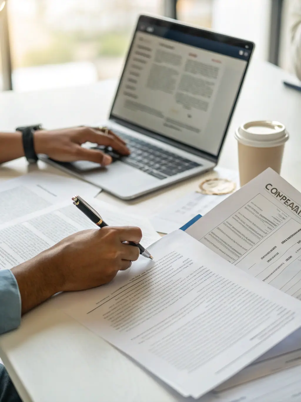 A professional reviewing legal documents with compliance checklists, representing Peak Pulse FM's Compliance & Contract Mobilization service.